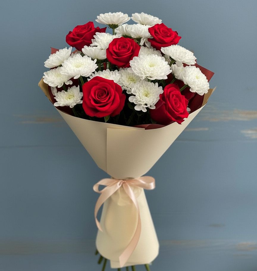 Букет цветов из: Розы и Хризантемы в Дружной Горке