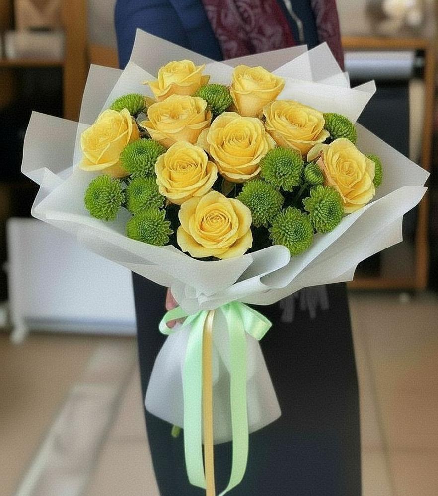 Букет цветов из: Хризантемы и Розы в Дружной Горке