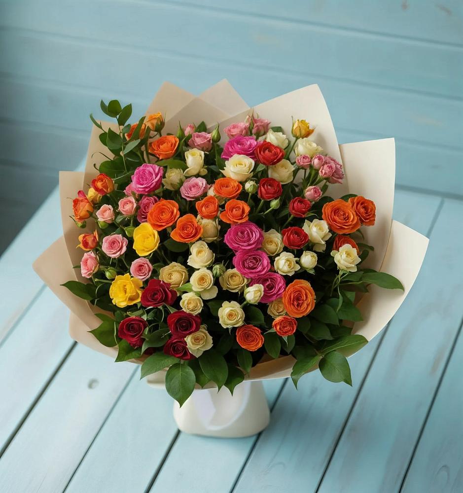 Букет Микс из разноцветных кустовых роз в Дружной Горке