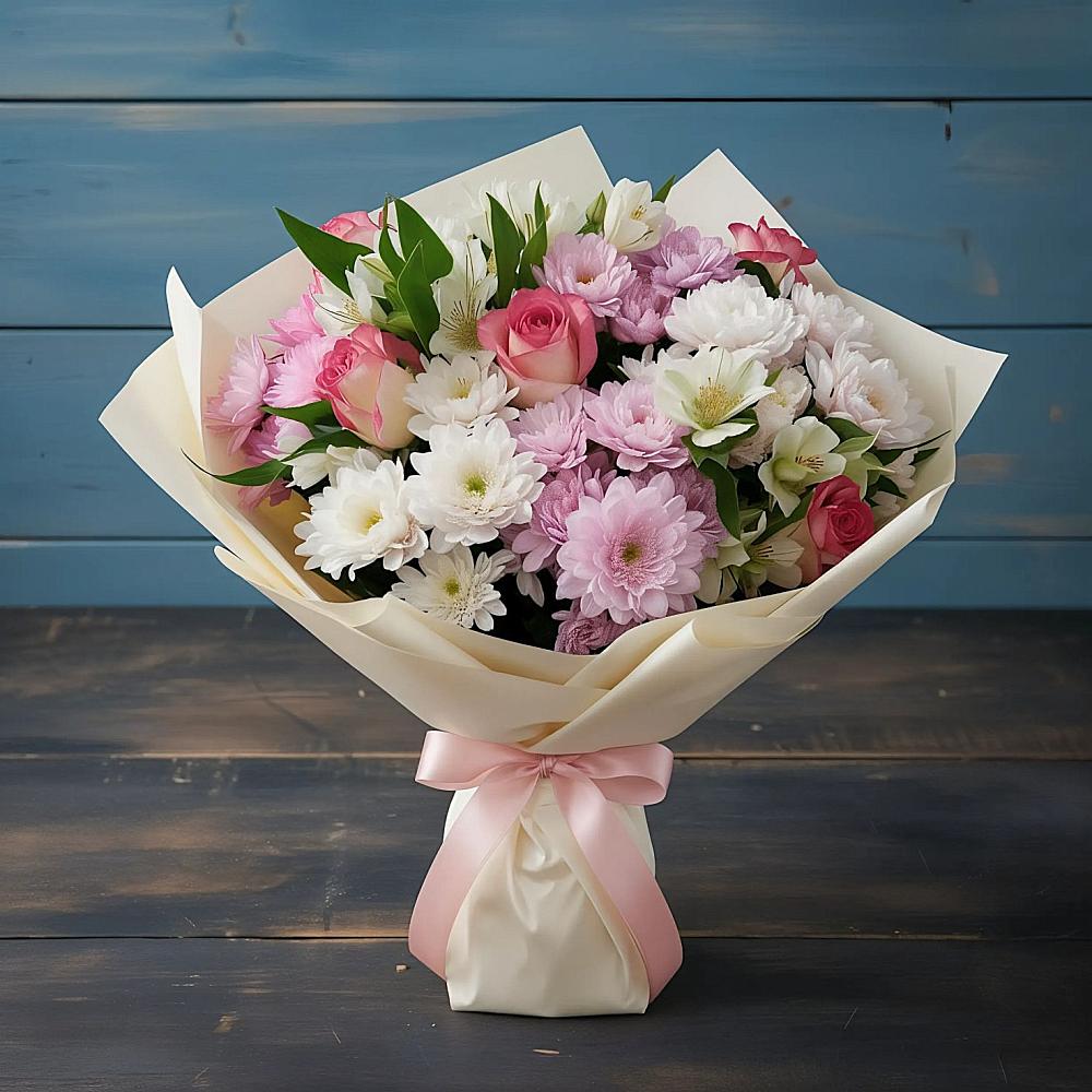 Букет цветов из: Хризантемы, Альстромерии и Розы в Дружной Горке